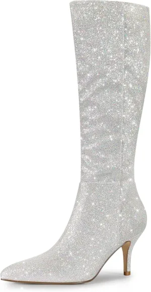 Allegra K Women's Sparkle Glitter Pointy Toe Stiletto Heel Knee High Boots