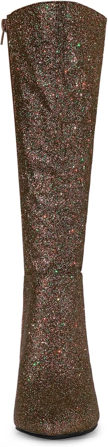 Allegra K Women's Sparkle Glitter Pointy Toe Stiletto Heel Knee High Boots