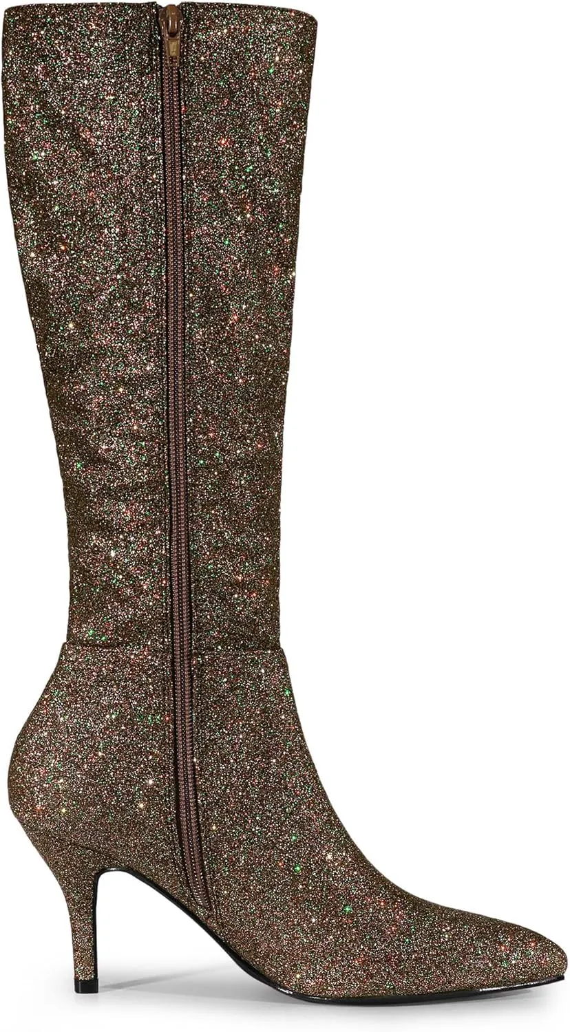 Allegra K Women's Sparkle Glitter Pointy Toe Stiletto Heel Knee High Boots