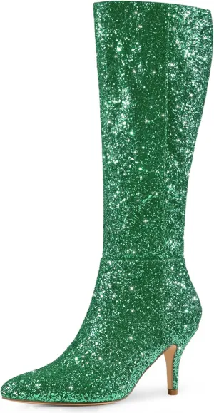 Allegra K Women's Sparkle Glitter Pointy Toe Stiletto Heel Knee High Boots