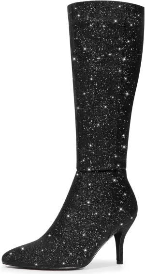 Allegra K Women's Sparkle Glitter Pointy Toe Stiletto Heel Knee High Boots