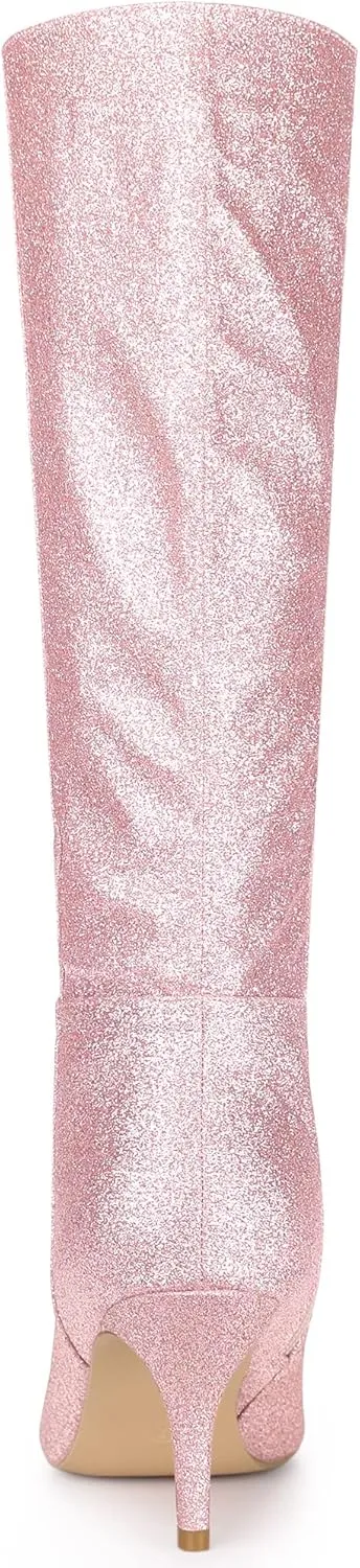 Allegra K Women's Sparkle Glitter Pointy Toe Stiletto Heel Knee High Boots