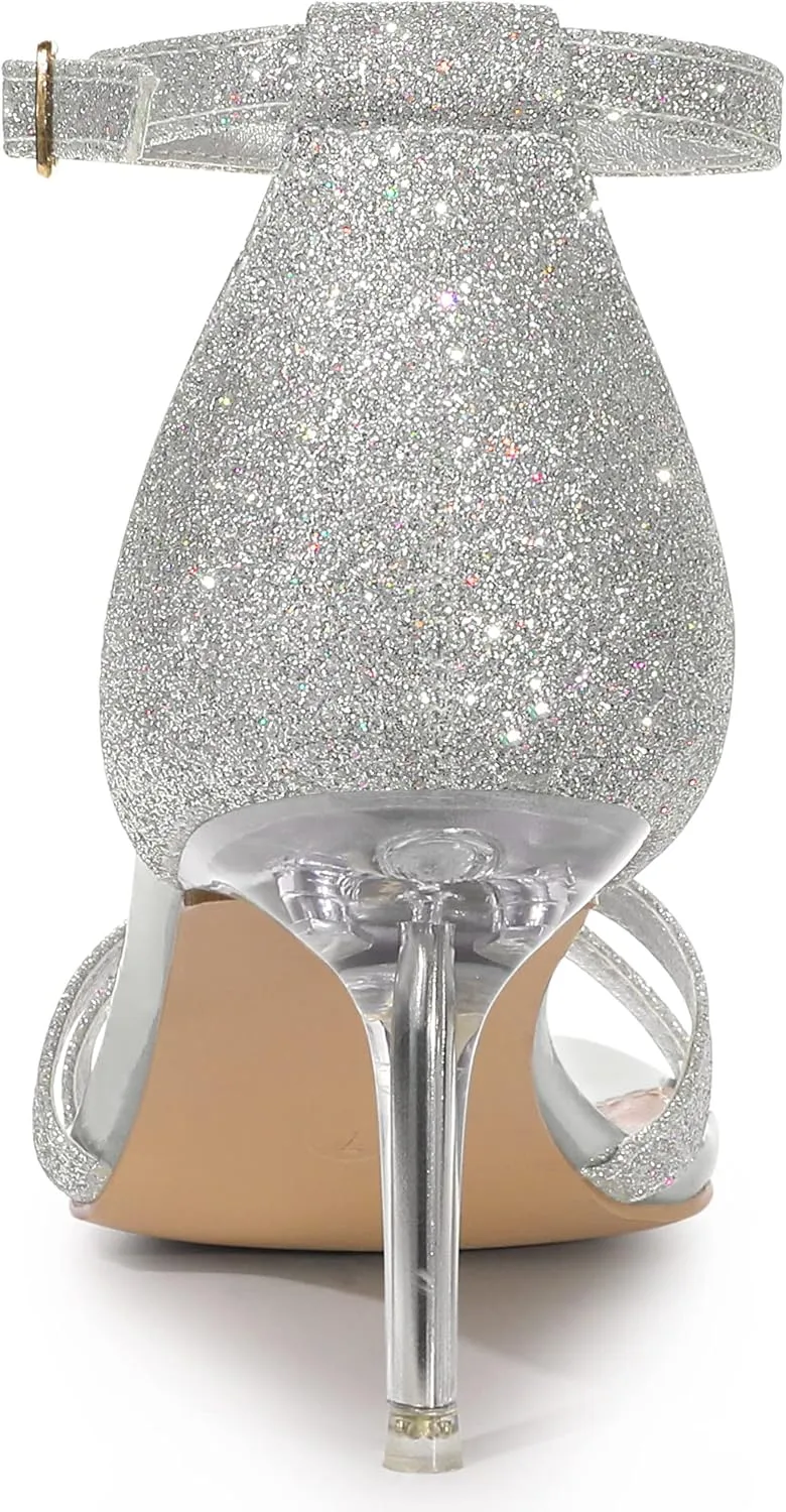 Allegra K Women's Sparkly Glitter Ankle Straps Stiletto Clear Heels Sandals