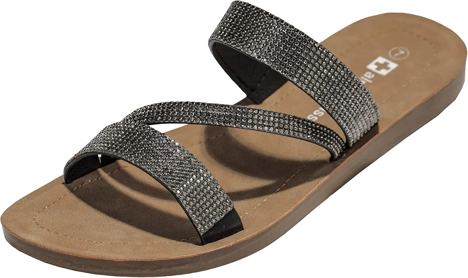 Alpine Swiss Womens Rhinestone Slide Sandals Dressy Summer Strappy Flat Shoes