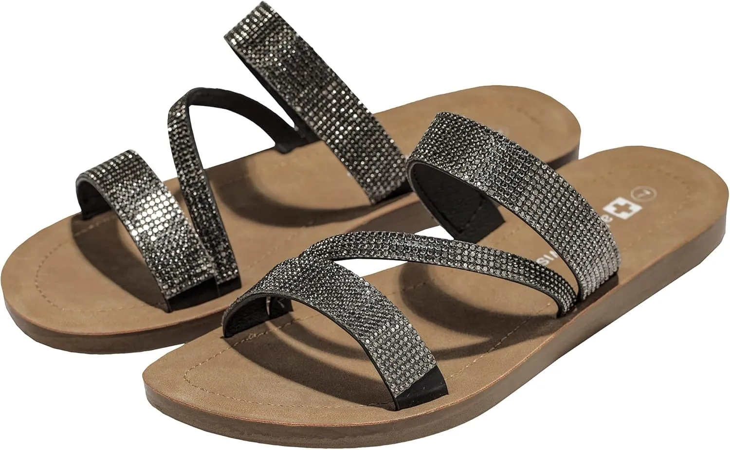 Alpine Swiss Womens Rhinestone Slide Sandals Dressy Summer Strappy Flat Shoes