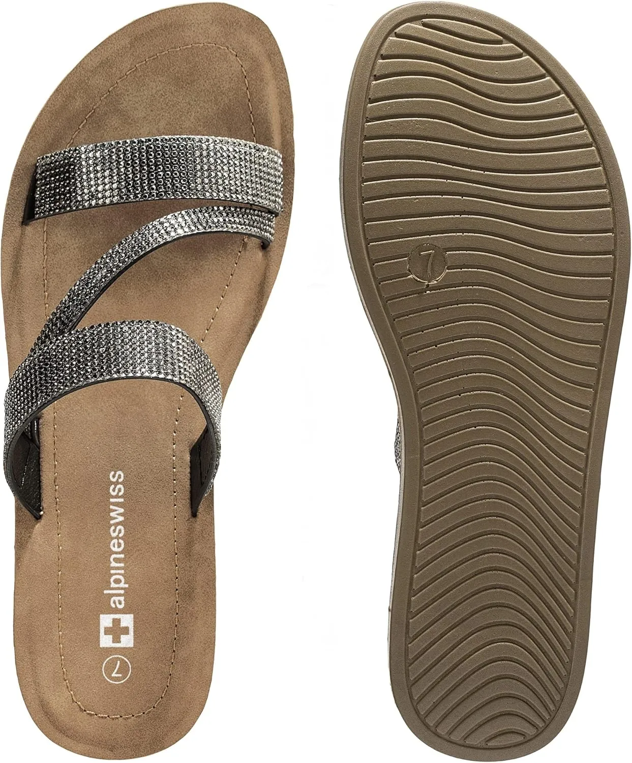 Alpine Swiss Womens Rhinestone Slide Sandals Dressy Summer Strappy Flat Shoes
