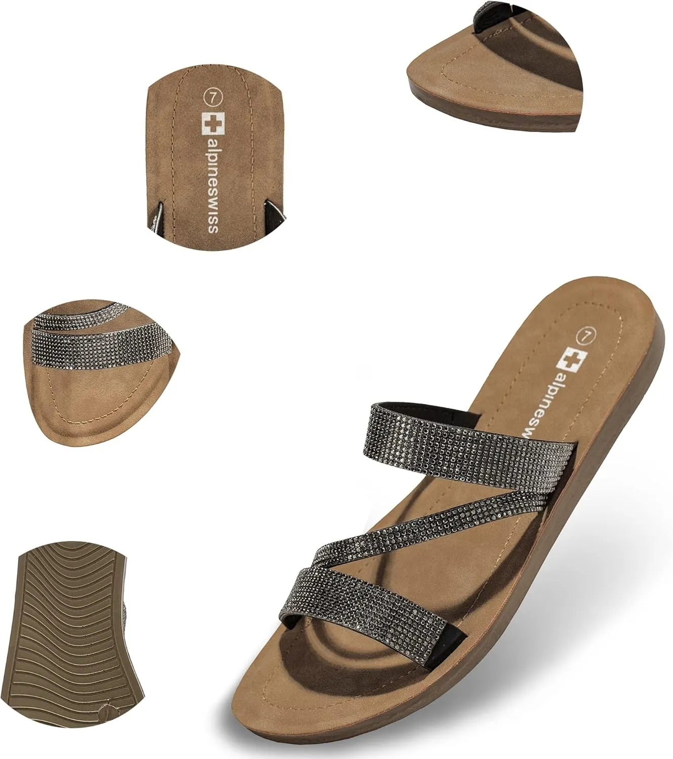 Alpine Swiss Womens Rhinestone Slide Sandals Dressy Summer Strappy Flat Shoes