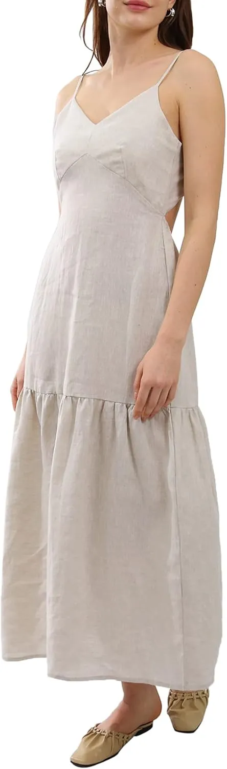Amazhiyu Womens Pure Linen Summer Tie Back Midi Dresses Ruffle Hem Sundresses