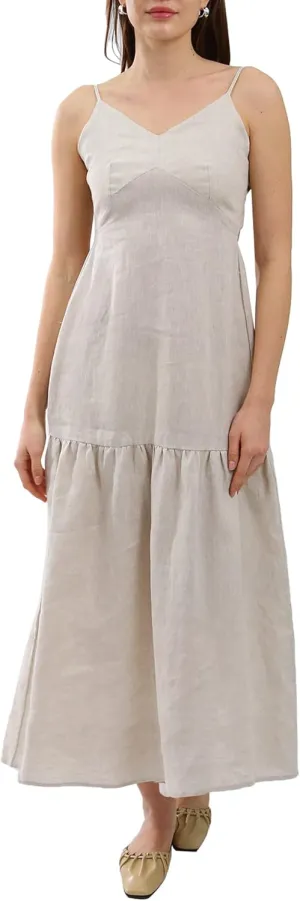 Amazhiyu Womens Pure Linen Summer Tie Back Midi Dresses Ruffle Hem Sundresses