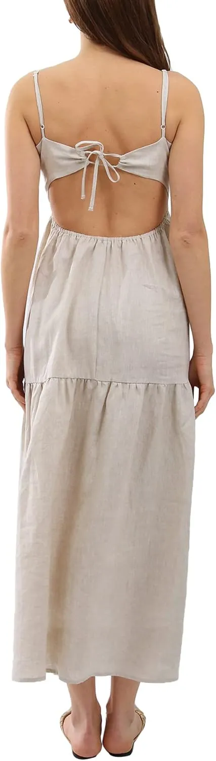 Amazhiyu Womens Pure Linen Summer Tie Back Midi Dresses Ruffle Hem Sundresses