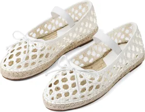 AMINUGAL Mesh Ballet Flats Shoes for Women Round Toe Platform Mary Janes Elastic Espadrilles White Mesh Shoe Woman Dressy Comfortable Ballerina