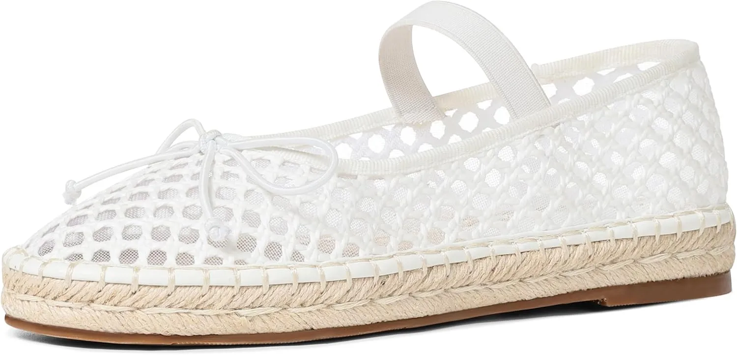 AMINUGAL Mesh Ballet Flats Shoes for Women Round Toe Platform Mary Janes Elastic Espadrilles White Mesh Shoe Woman Dressy Comfortable Ballerina