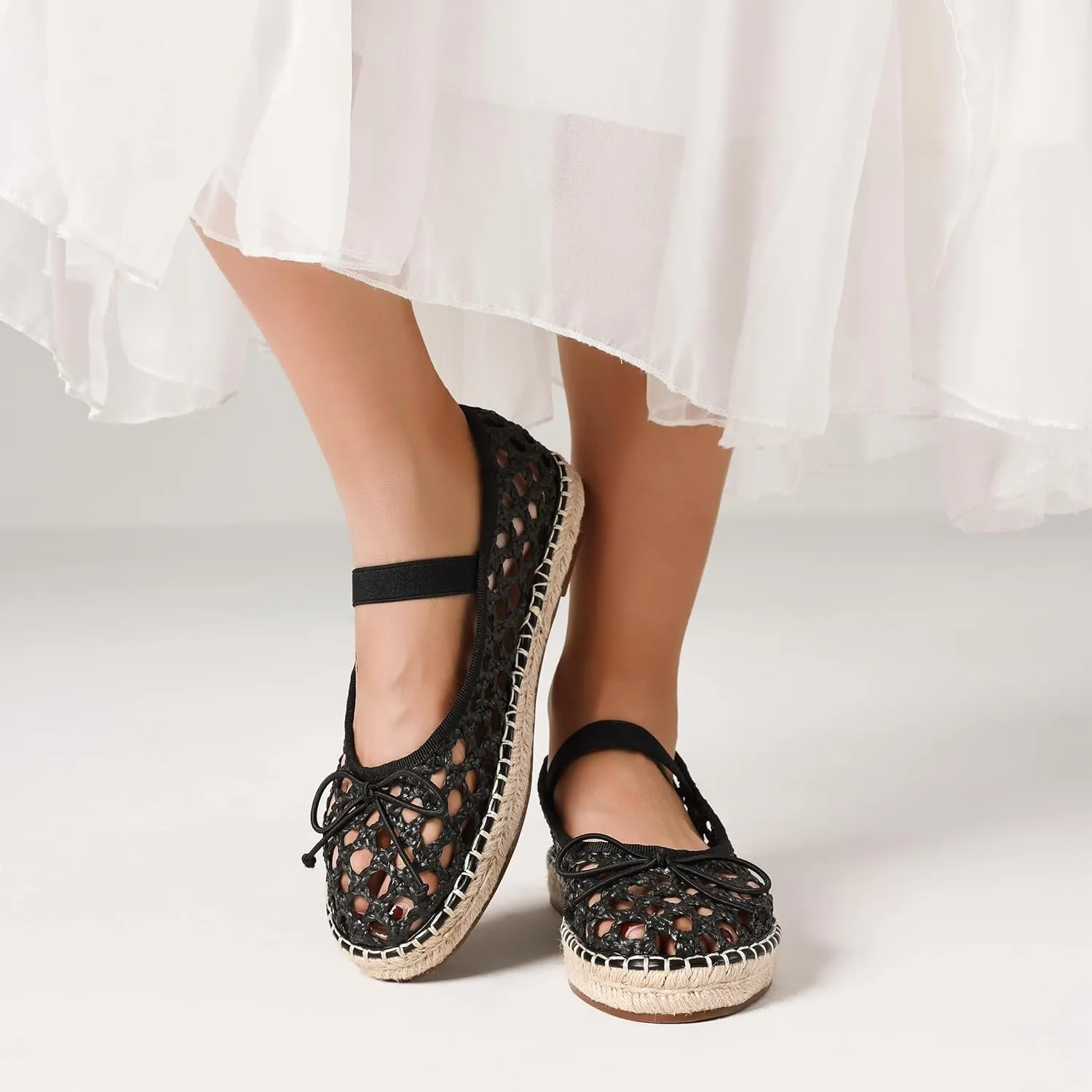 AMINUGAL Mesh Ballet Flats Shoes for Women Round Toe Platform Mary Janes Elastic Espadrilles White Mesh Shoe Woman Dressy Comfortable Ballerina