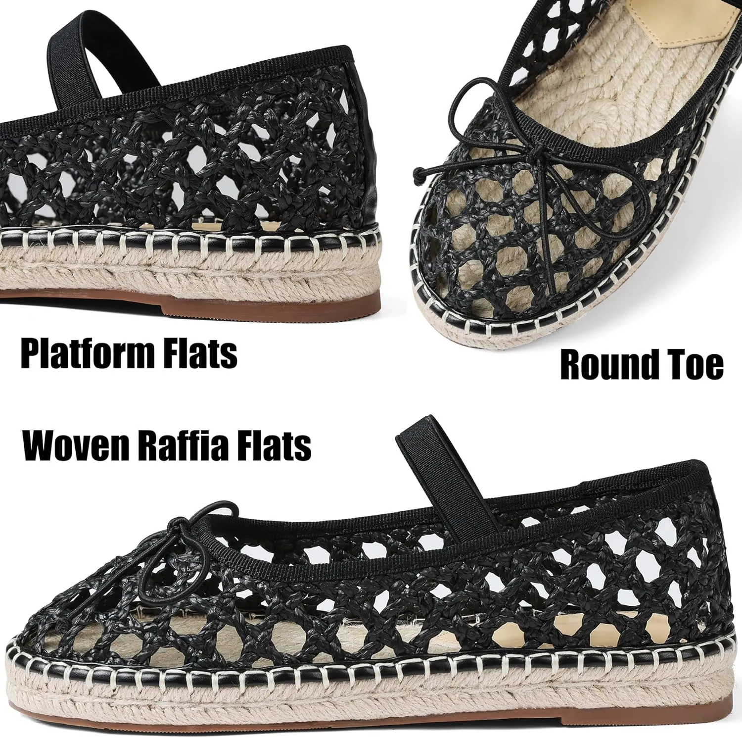 AMINUGAL Mesh Ballet Flats Shoes for Women Round Toe Platform Mary Janes Elastic Espadrilles White Mesh Shoe Woman Dressy Comfortable Ballerina