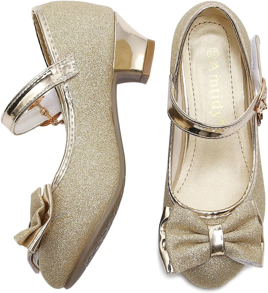 Amtidy Girls Dress Shoes Mary Jane Wedding Party Shoes Glitter Bridesmaids Princess Heels