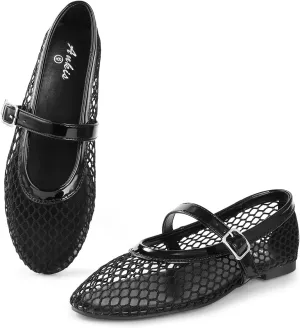 Ankis Mesh Ballet Flats for Women, Black Mesh Flats Buckle Strap Mary Jane Ballerina Flats Women's Fishnet Flat Sandals Shoes for Dressy Summer