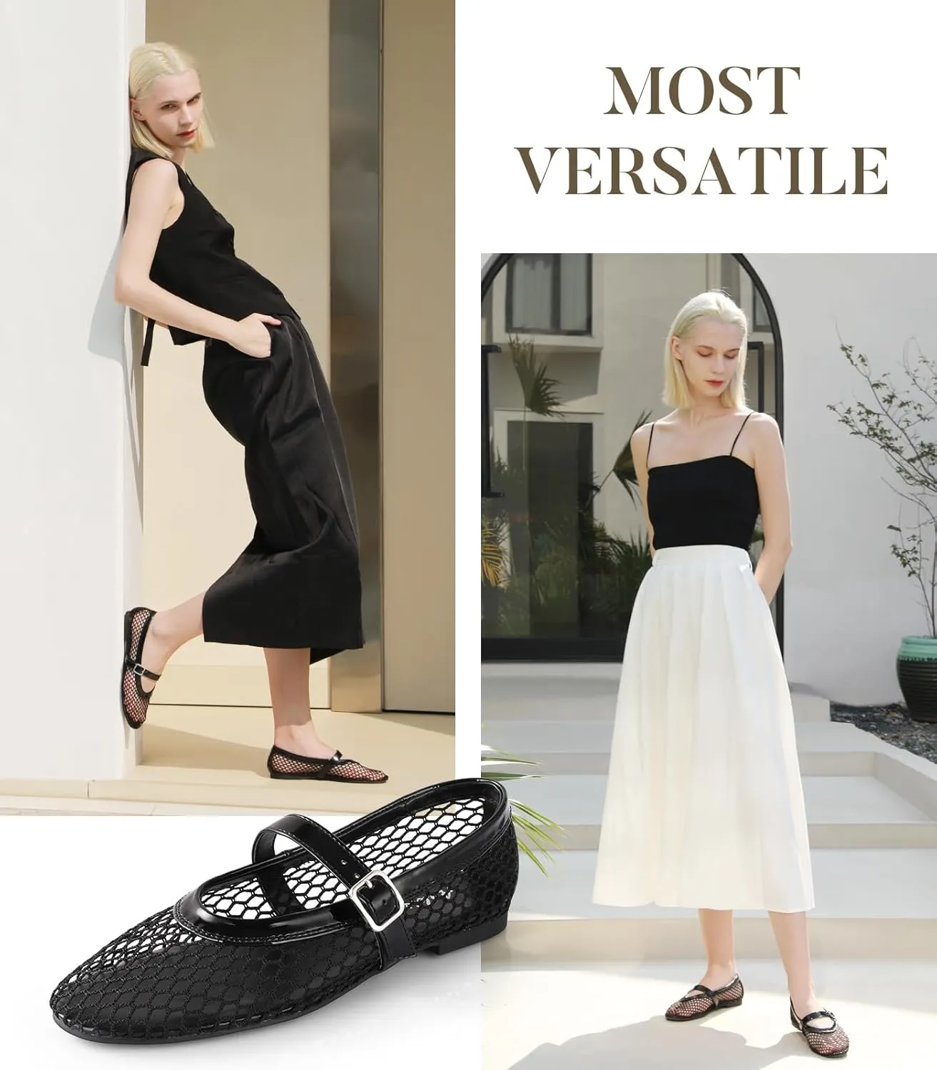 Ankis Mesh Ballet Flats for Women, Black Mesh Flats Buckle Strap Mary Jane Ballerina Flats Women's Fishnet Flat Sandals Shoes for Dressy Summer