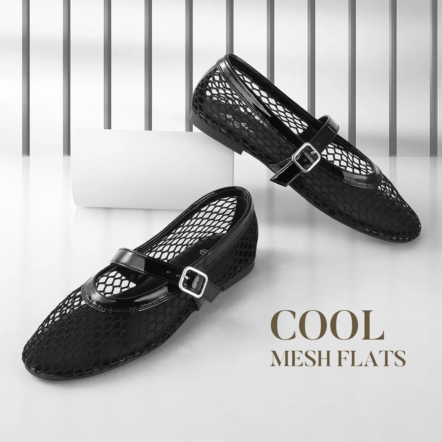 Ankis Mesh Ballet Flats for Women, Black Mesh Flats Buckle Strap Mary Jane Ballerina Flats Women's Fishnet Flat Sandals Shoes for Dressy Summer