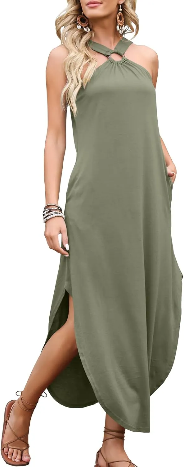 ANRABESS Women Summer Halter Neck Sundress Sleeveless Split Side Casual Beach Travel Vacation Maxi Long Dress with Pockets