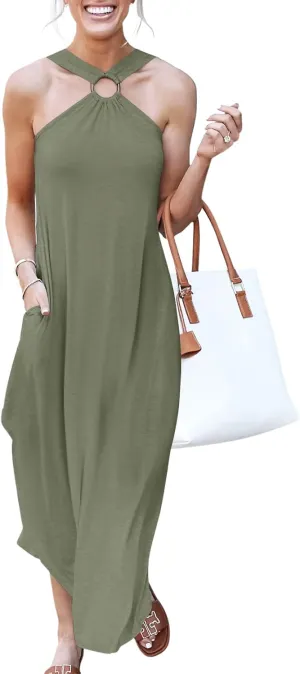 ANRABESS Women Summer Halter Neck Sundress Sleeveless Split Side Casual Beach Travel Vacation Maxi Long Dress with Pockets