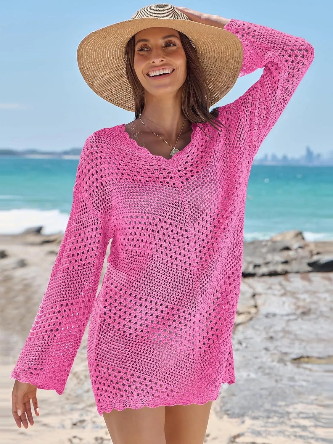 ANRABESS Women Swimsuit Crochet Swim Cover Up Summer Bathing Suit Swimwear V Neck Mesh Knit Beach Dress 2025 Vacation Outfits