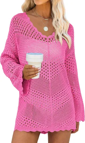 ANRABESS Women Swimsuit Crochet Swim Cover Up Summer Bathing Suit Swimwear V Neck Mesh Knit Beach Dress 2025 Vacation Outfits