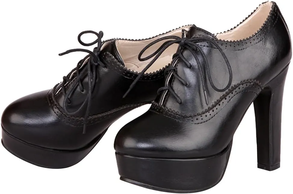 ANUFER Women Vintage High Platform Block Heel Court Shoes Elegant Brogue Oxfords Lace-Ups