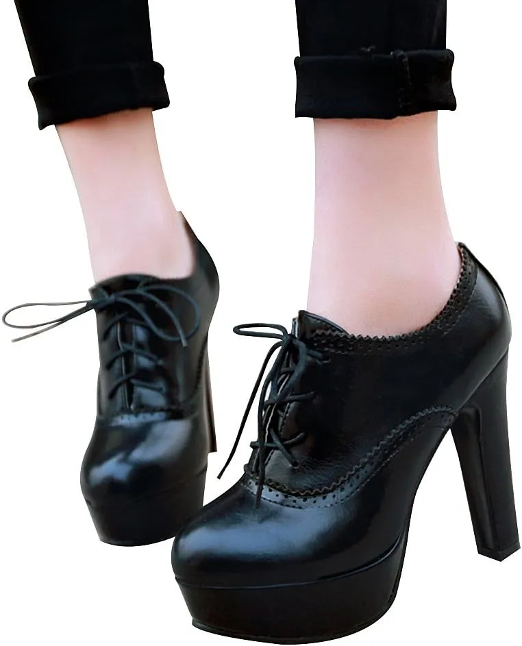 ANUFER Women Vintage High Platform Block Heel Court Shoes Elegant Brogue Oxfords Lace-Ups