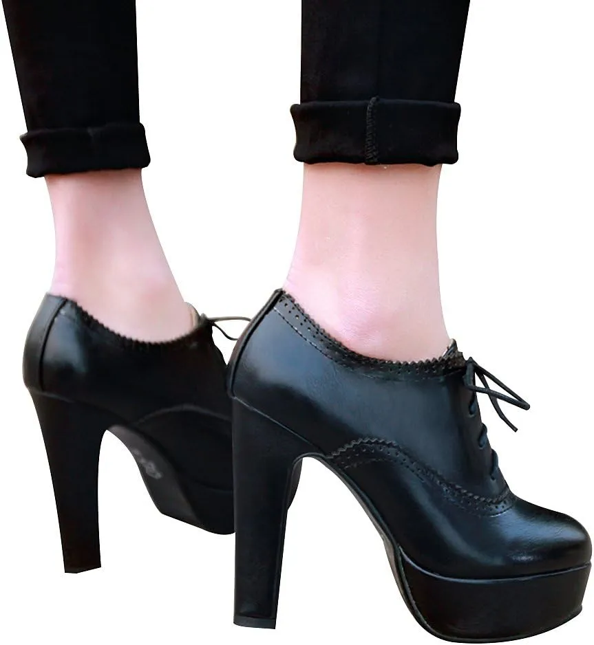 ANUFER Women Vintage High Platform Block Heel Court Shoes Elegant Brogue Oxfords Lace-Ups
