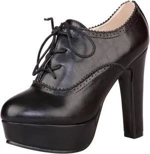 ANUFER Women Vintage High Platform Block Heel Court Shoes Elegant Brogue Oxfords Lace-Ups