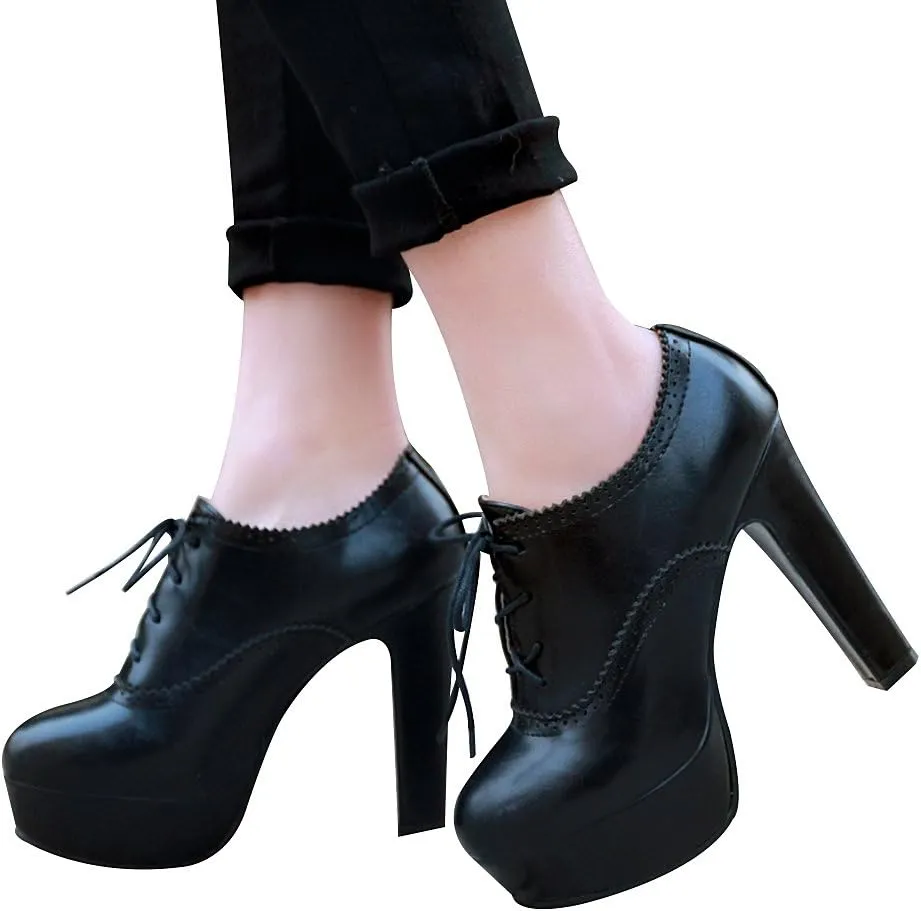 ANUFER Women Vintage High Platform Block Heel Court Shoes Elegant Brogue Oxfords Lace-Ups