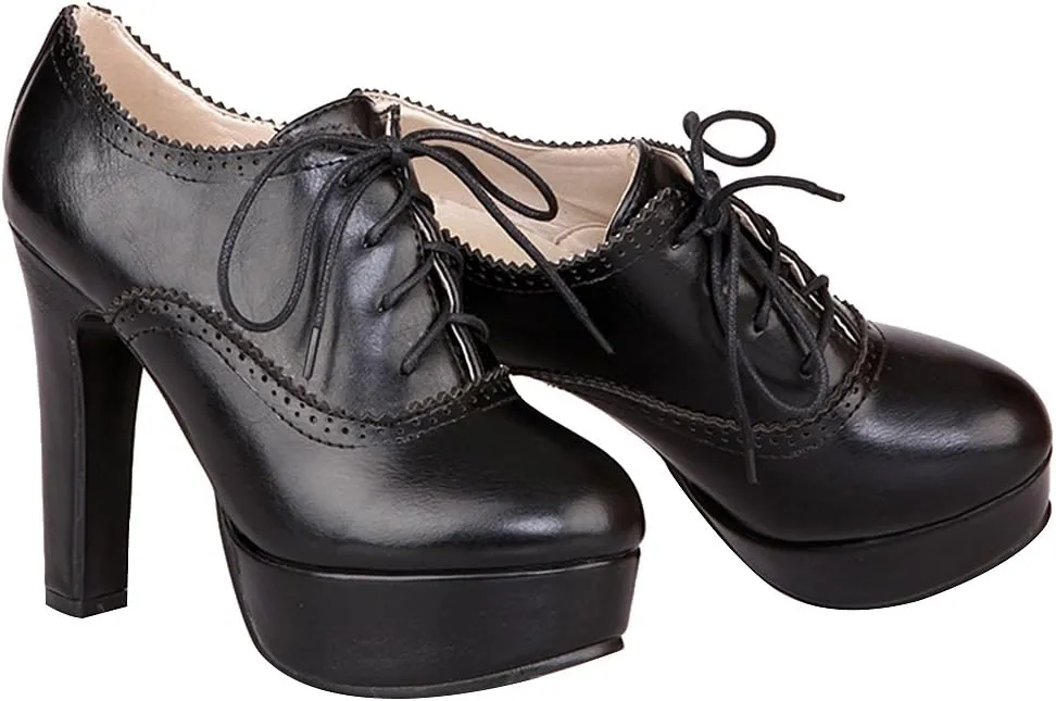 ANUFER Women Vintage High Platform Block Heel Court Shoes Elegant Brogue Oxfords Lace-Ups