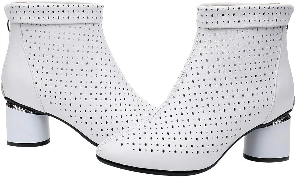 ANUFER Women's Elegant Block Heel Ankle Boots Breathable Mesh Hollowed-out Summer Booties Pumps
