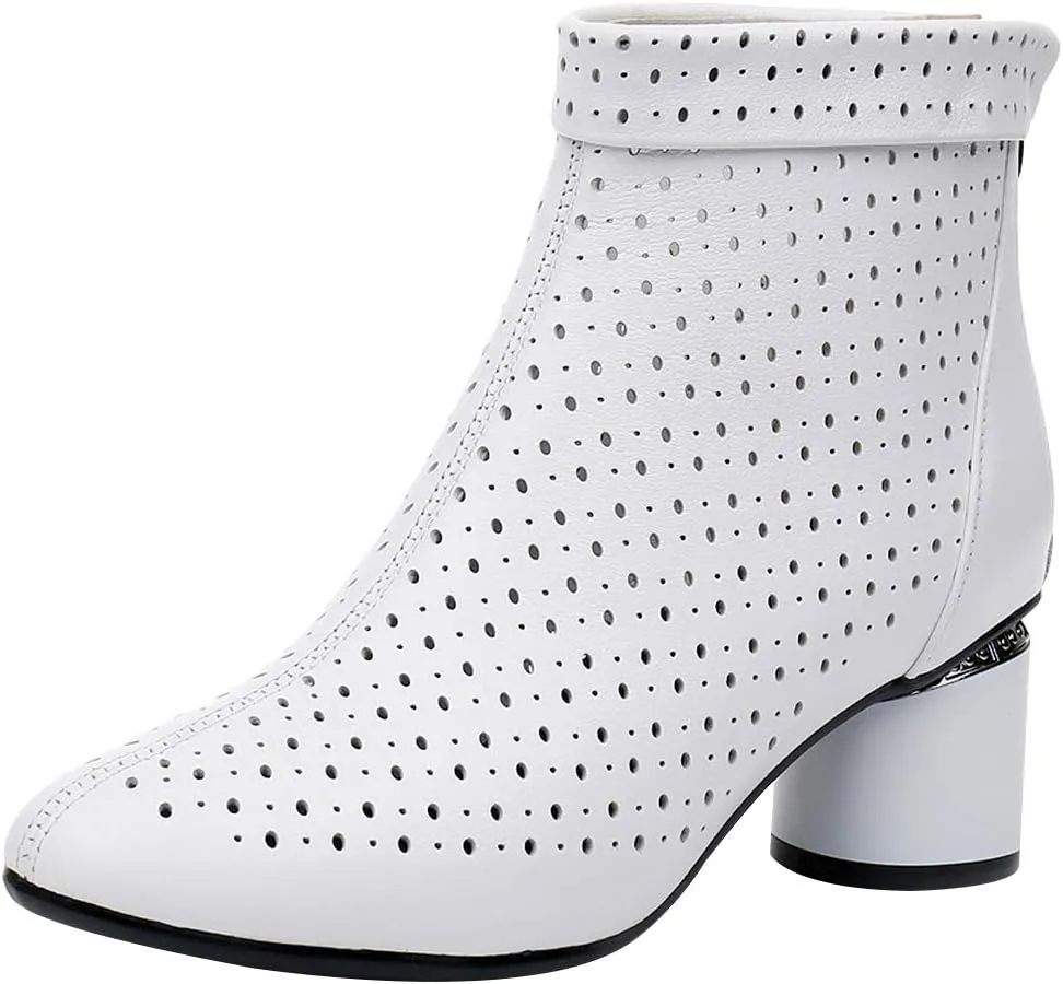 ANUFER Women's Elegant Block Heel Ankle Boots Breathable Mesh Hollowed-out Summer Booties Pumps