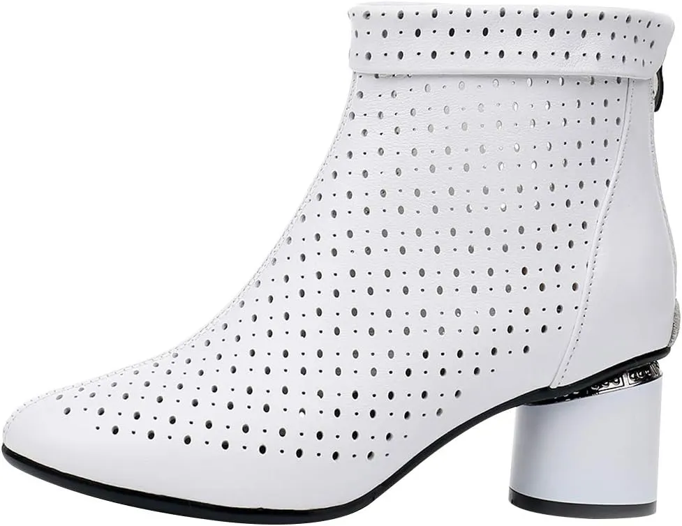 ANUFER Women's Elegant Block Heel Ankle Boots Breathable Mesh Hollowed-out Summer Booties Pumps