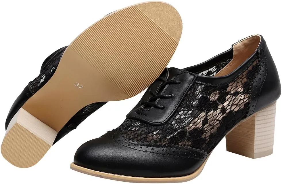 ANUFER Womens Elegant Lace Bridal Wedding Shoes Block Heel Oxfords Dress Shoes