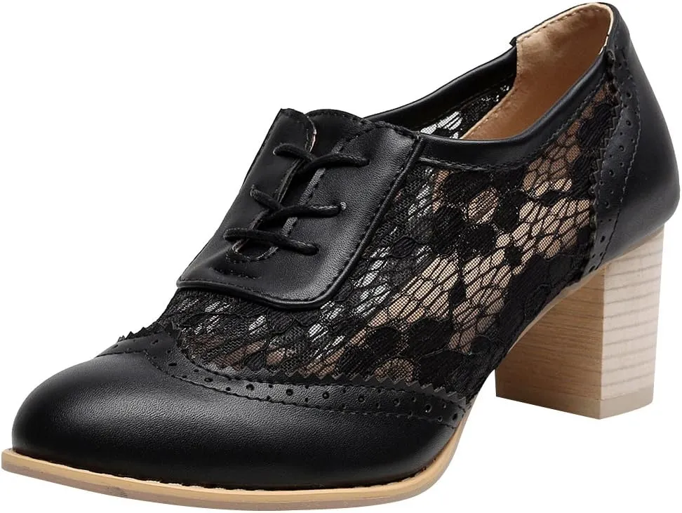 ANUFER Womens Elegant Lace Bridal Wedding Shoes Block Heel Oxfords Dress Shoes