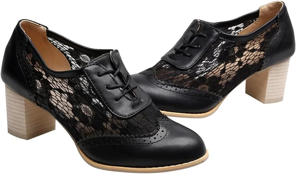 ANUFER Womens Elegant Lace Bridal Wedding Shoes Block Heel Oxfords Dress Shoes