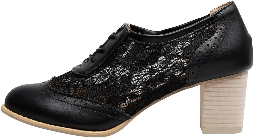 ANUFER Womens Elegant Lace Bridal Wedding Shoes Block Heel Oxfords Dress Shoes