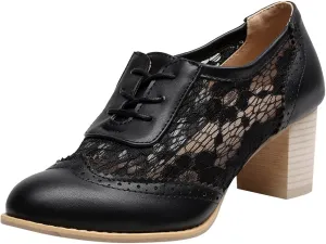ANUFER Womens Elegant Lace Bridal Wedding Shoes Block Heel Oxfords Dress Shoes
