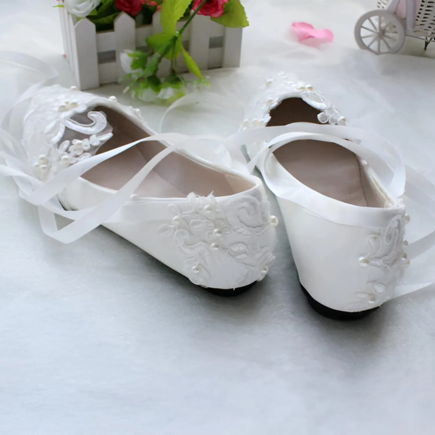 ANUFER Womens Elegant Lace Embroidery Flat/Heeled White Wedding Shoes Pumps with Pearls