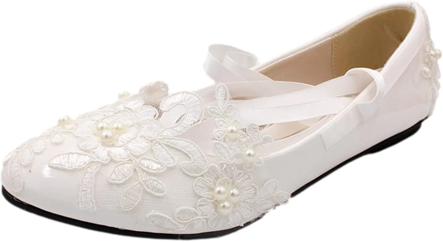 ANUFER Womens Elegant Lace Embroidery Flat/Heeled White Wedding Shoes Pumps with Pearls