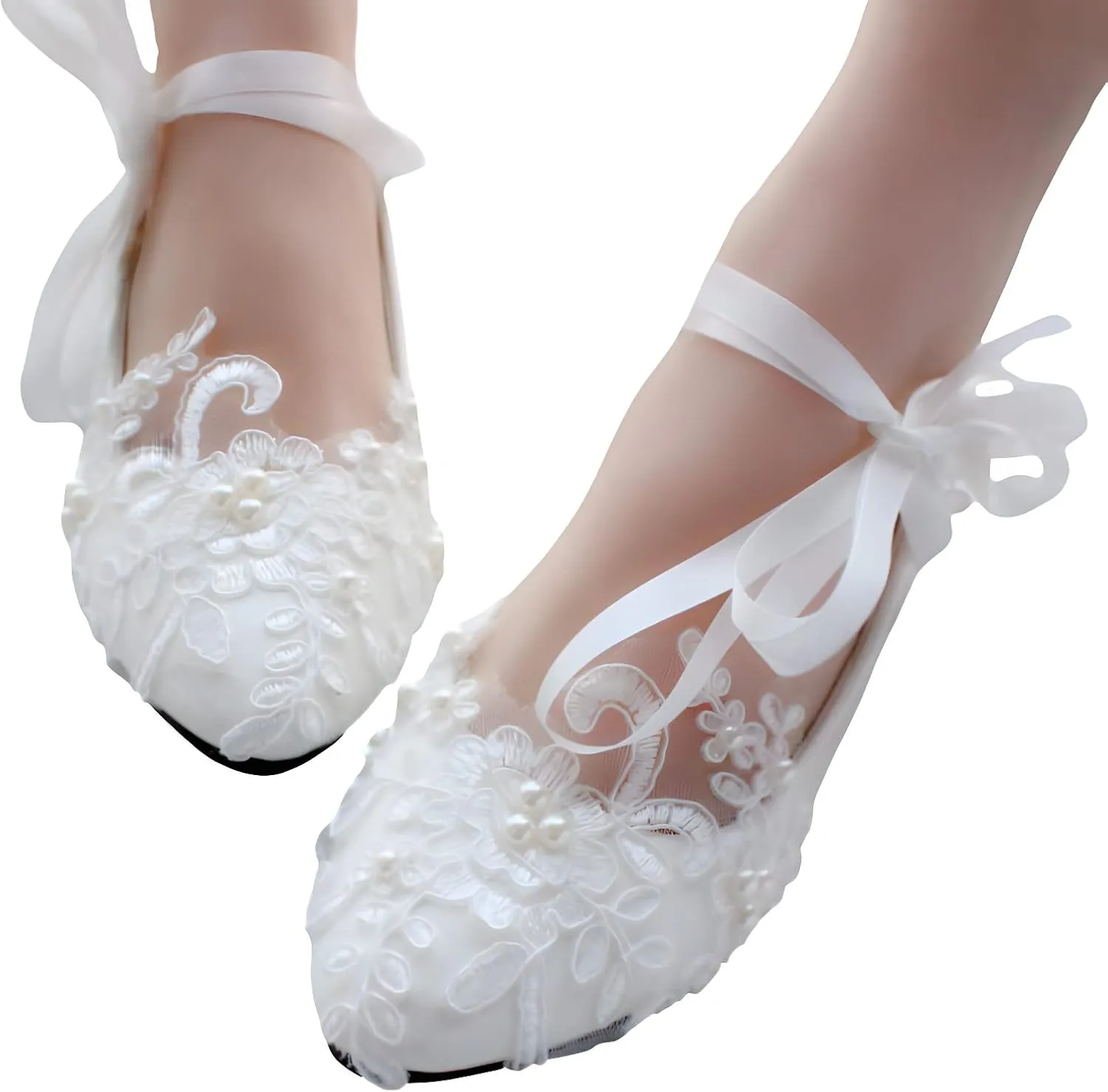 ANUFER Womens Elegant Lace Embroidery Flat/Heeled White Wedding Shoes Pumps with Pearls
