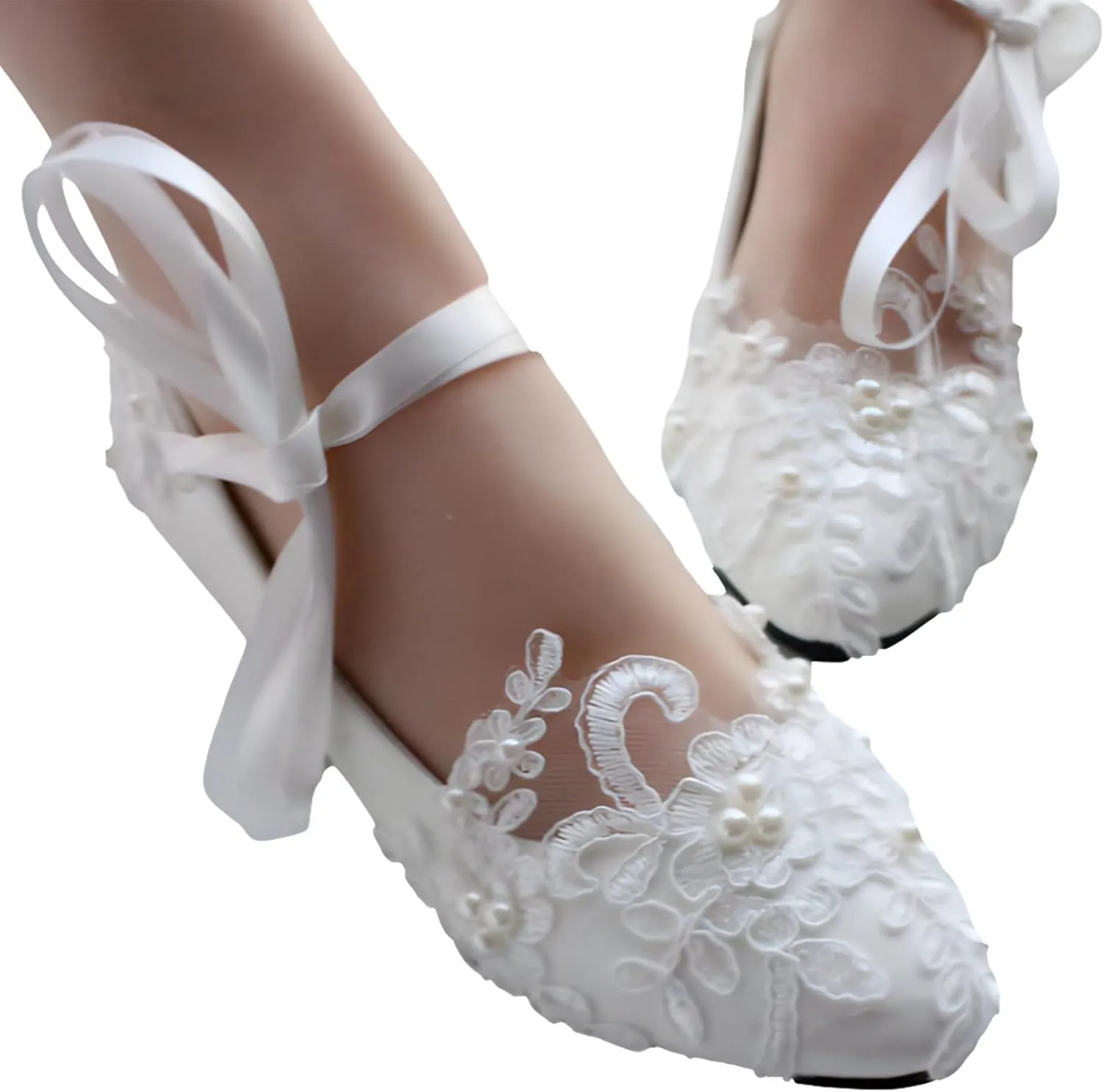 ANUFER Womens Elegant Lace Embroidery Flat/Heeled White Wedding Shoes Pumps with Pearls