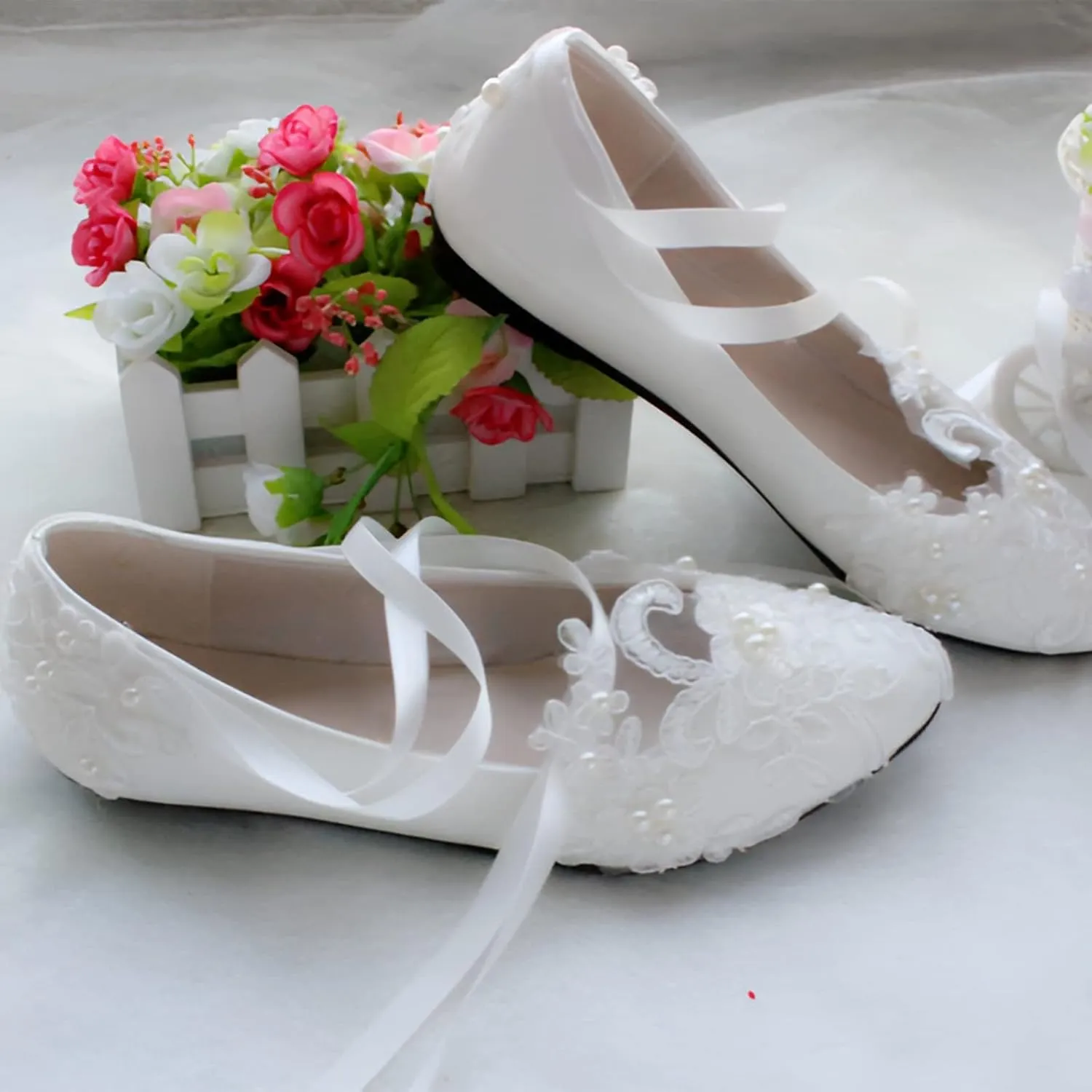 ANUFER Womens Elegant Lace Embroidery Flat/Heeled White Wedding Shoes Pumps with Pearls