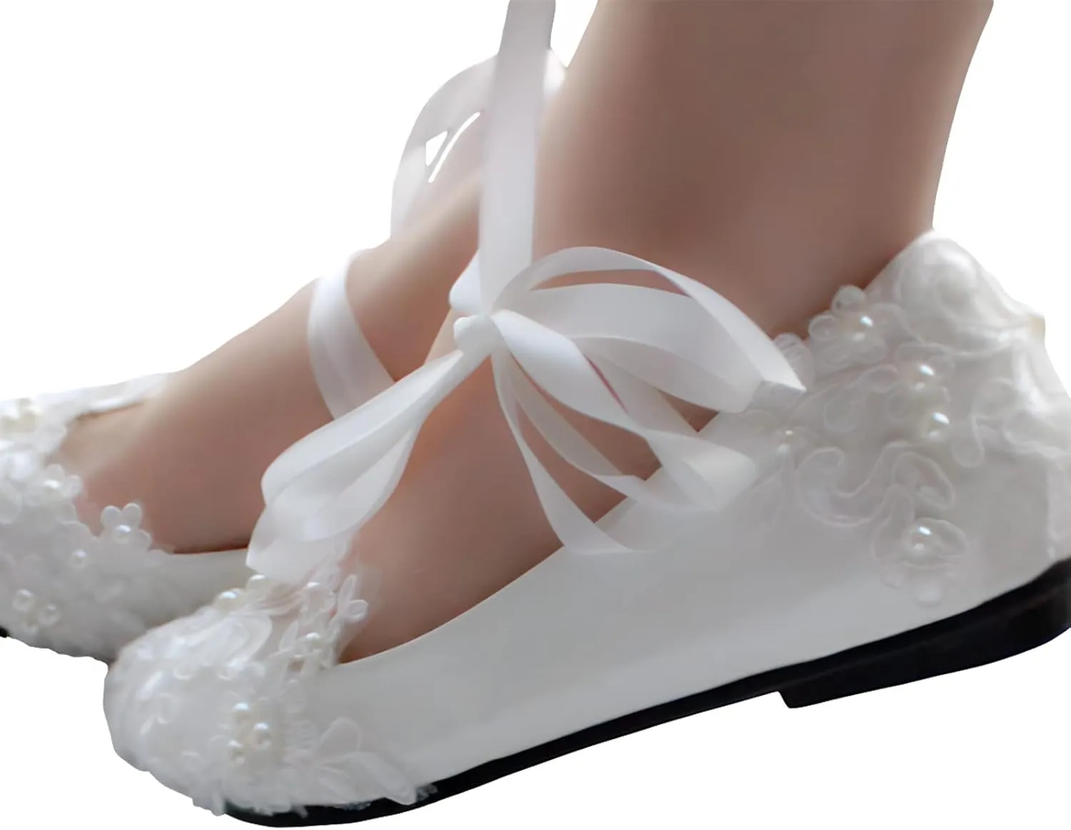 ANUFER Womens Elegant Lace Embroidery Flat/Heeled White Wedding Shoes Pumps with Pearls