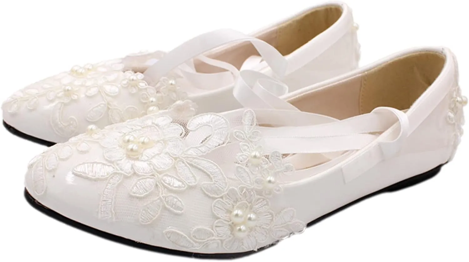 ANUFER Womens Elegant Lace Embroidery Flat/Heeled White Wedding Shoes Pumps with Pearls