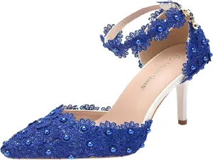 ANUFER Women's Elegant Pointed Toe Stiletto Heel Ankle Strap Pumps Floral Lace Pearls Bridal Shoes