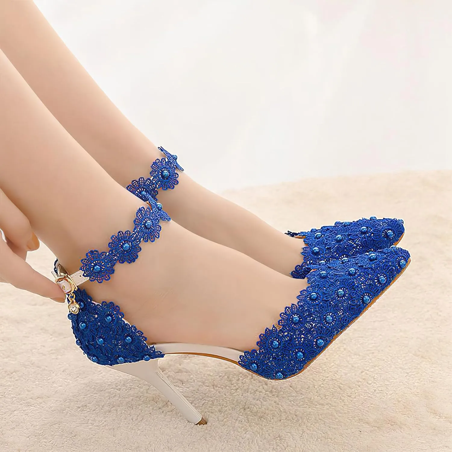 ANUFER Women's Elegant Pointed Toe Stiletto Heel Ankle Strap Pumps Floral Lace Pearls Bridal Shoes