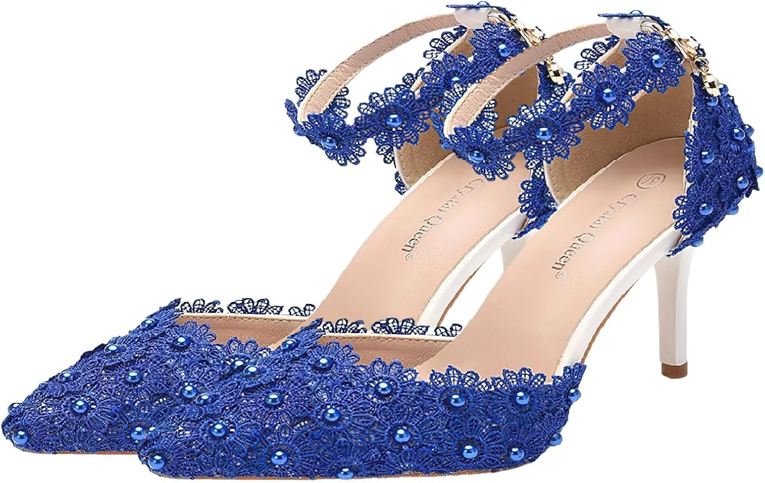ANUFER Women's Elegant Pointed Toe Stiletto Heel Ankle Strap Pumps Floral Lace Pearls Bridal Shoes